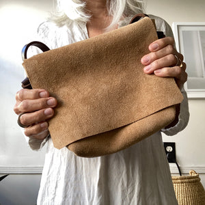 Edie Kahula Pereira Goods Tan suede Jane bag with gusset, front flap  and inside pocket www.ediekahulapereira.com