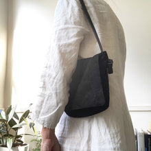 Load image into Gallery viewer, Edie Kahula Pereira Goods Black suede Jane bag with gusset, front flap  and inside pocket www.ediekahulapereira.com
