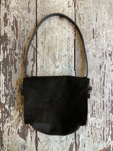 Edie Kahula Pereira Goods Black suede Jane bag with gusset, front flap  and inside pocket www.ediekahulapereira.com