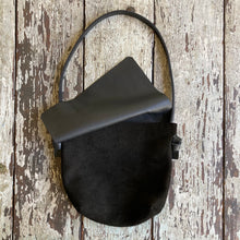 Load image into Gallery viewer, Edie Kahula Pereira Goods Black suede Jane bag with gusset, front flap  and inside pocket www.ediekahulapereira.com
